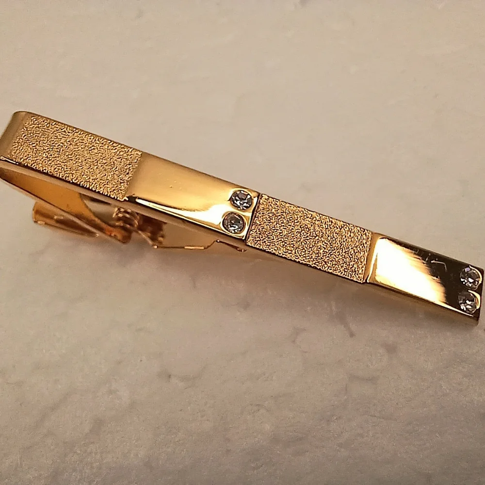 Tie Clip Bar, Cufflinks, Textured Gold Crystals Vintage Space Age Classic
